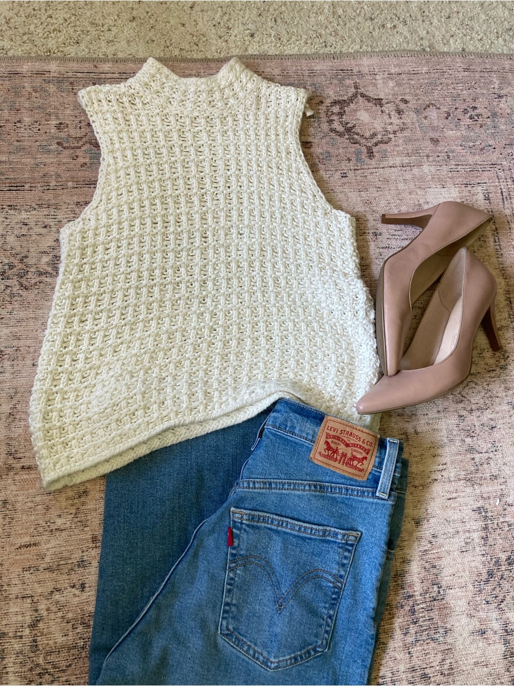 Crochet, sleeveless, mock neck sweater